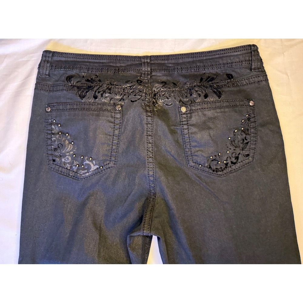Reba Black Coated Embroidered Rhinestone Bootcut Jeans Womens Size 12 - Picture 4 of 9